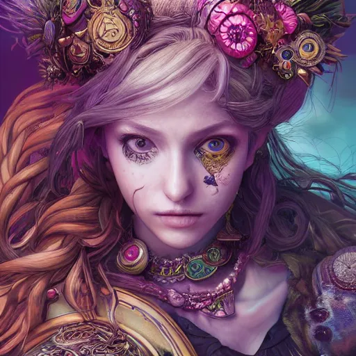 Image similar to the portrait of chaotic good female druid alchemist as absurdly beautiful, gorgeous, elegant, gravure idol, an ultrafine hyperdetailed illustration by kim jung gi, irakli nadar, intricate linework, sharp focus, bright colors, octopath traveler, final fantasy, unreal engine 5 highly rendered, global illumination, radiant light, detailed and intricate environment