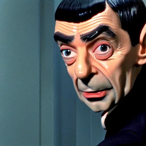 Prompt: Movie still of Mr. Bean as Spock from Star Trek, direct gaze