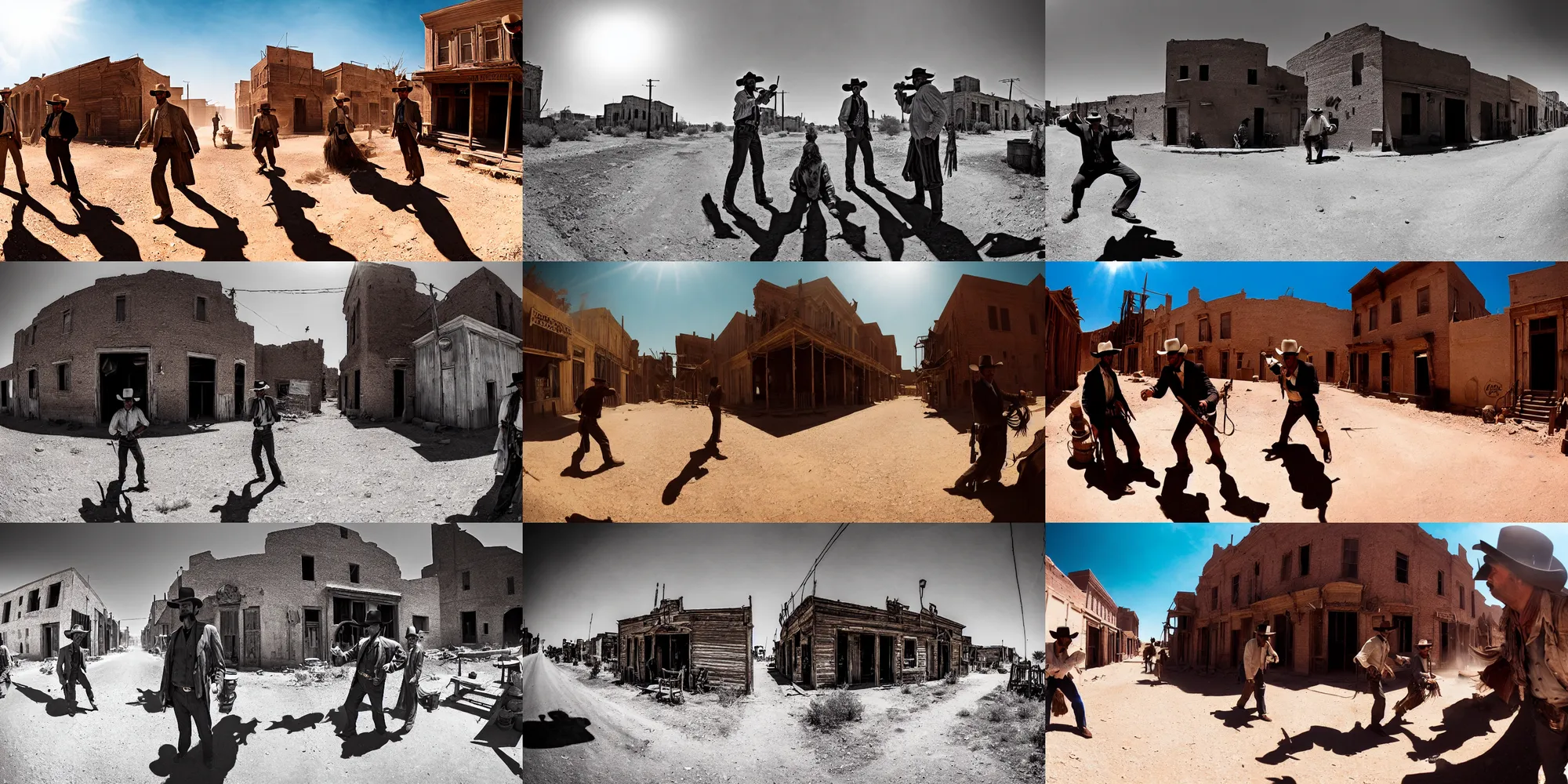 Prompt: a detailed ultra wide cinematic shot of an old west duel in the dusty street of an abandoned town, high noon, hot sunny weather, contrasted lighting and shadows, short focal, fisheye lens, 2. 3 5 ratio, only two characters, shot by sergio leone