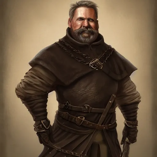 Image similar to portrait, 50 years old man :: short, stocky build :: dark, short hair and a whisker :: medieval leather workwear :: high detail, digital art, fantasy, RPG, concept art, illustration