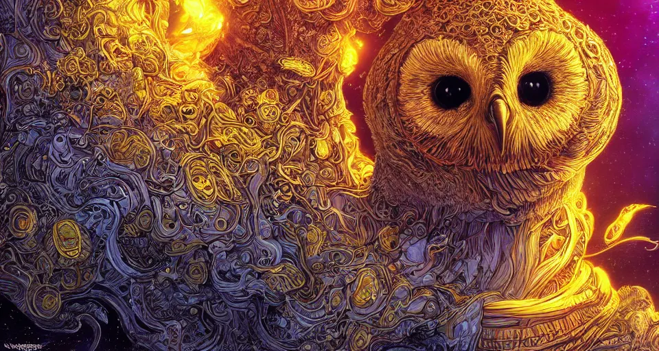 Image similar to the portrait of a smiling golden owl in the depths of the universe, an ultrafine hyperdetailed illustration by kim jung gi, irakli nadar, intricate linework, bright colors, octopath traveler, final fantasy, unreal engine 5 highly rendered, global illumination, radiant light, detailed and intricate environment, - h 1 0 2 4