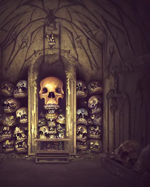 Image similar to full color, low ultrawide interior shot of sedlec ossuary, bones, anime style mixed with fujifilm, dark, foggy, atmospheric, artstation, cgsociety, octane render, cgi, denoise, detailed, cinematic masterpiece