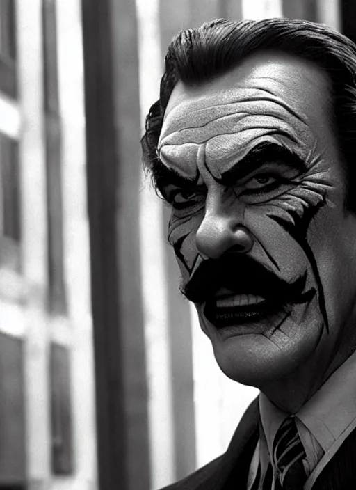 Image similar to film still of tom selleck as the joker in the dark knight, 4 k