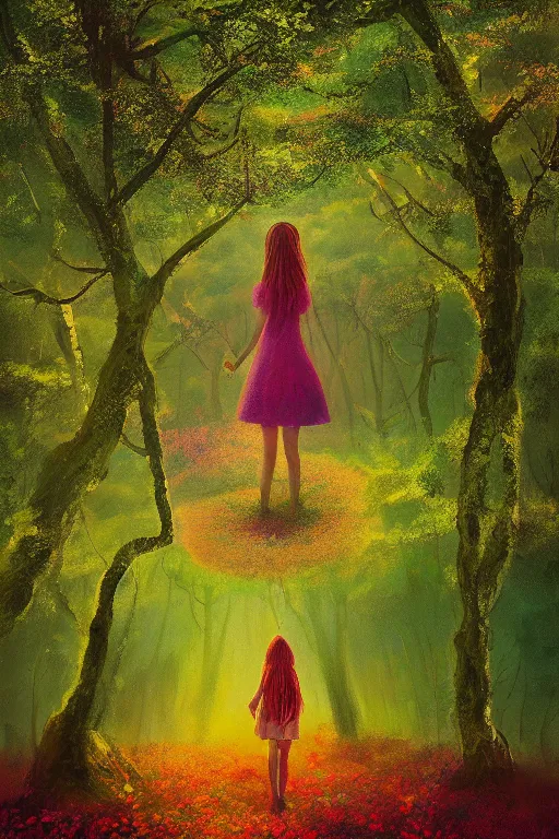 Prompt: giant daisy flower head, girl walking in a green forest, surreal photography, sunrise, dramatic light, impressionist painting, colorful clouds, digital painting, artstation, simon stalenhag