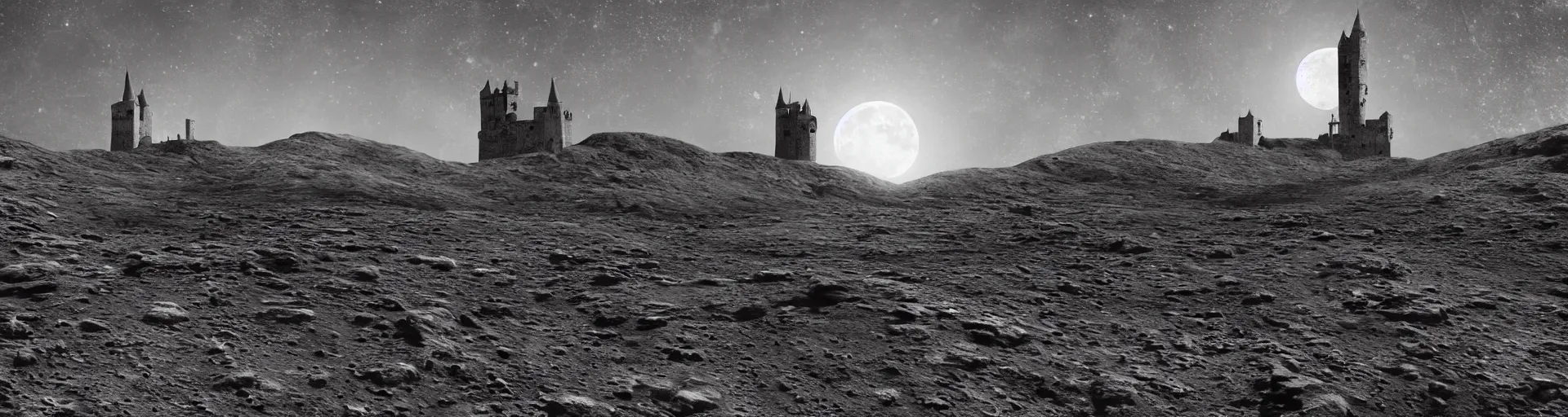 Image similar to landscape of the lunar surface with a spooky medieval castle tower on the far left, digital art