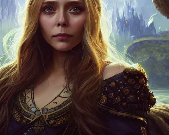 Image similar to a gaming screenshot still portrait of elizabeth olsen in final fantasy, deep focus, d & d, fantasy, intricate, elegant, highly detailed, digital painting, artstation, concept art, matte, sharp focus, illustration, dark fantasy style art, hearthstone, art by artgerm and greg rutkowski and alphonse mucha