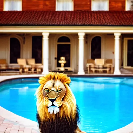 Image similar to a very detailed photo of a lion ( smoking a cigar ) outside the mansion by the pool