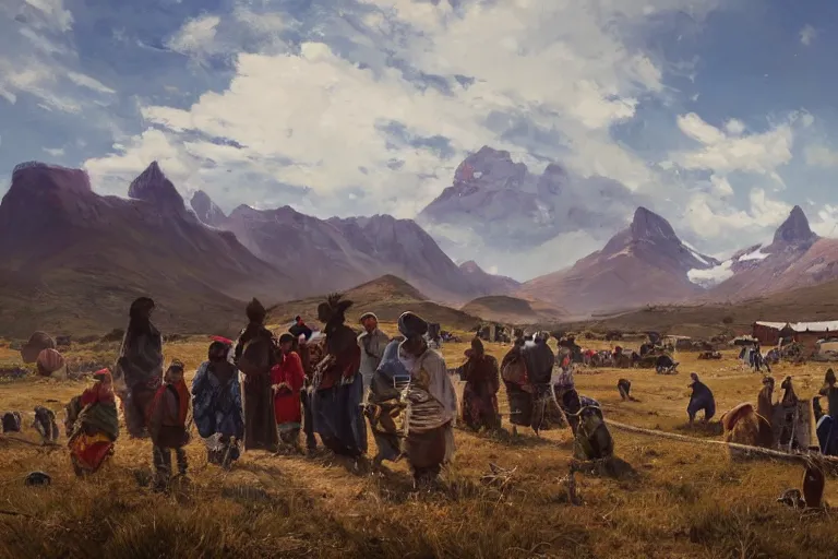 Image similar to a painting of south african immigrants in a rural patagonian village on the coast. comodoro rivadavia, rural and rocky. by greg rutkowski, trending on artstation