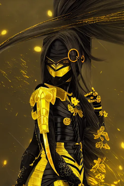 Image similar to portrait Ninja gaiden girl armored black and yellow ninja wardrobe, at ruin japanese temple rainny night, ssci-fi and fantasy, intricate and very very beautiful and elegant, highly detailed, digital painting, artstation, concept art, smooth and sharp focus, illustration, art by tian zi and WLOP and alphonse mucha