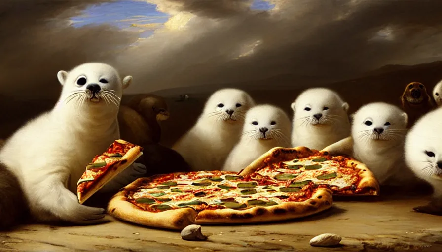 Image similar to highly detailed painting of cute furry white baby seals having a pizza party by william turner, by greg rutkowski, by william constable, thick brush strokes and visible paint layers, 4 k resolution