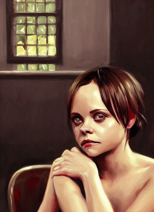 Image similar to christina ricci sitting in the cafeteria, backround dark, highly detailed, digital illustration, trending in artstation, modern painting, smooth, sharp focus, intricate, einar jonsson, ilya repin