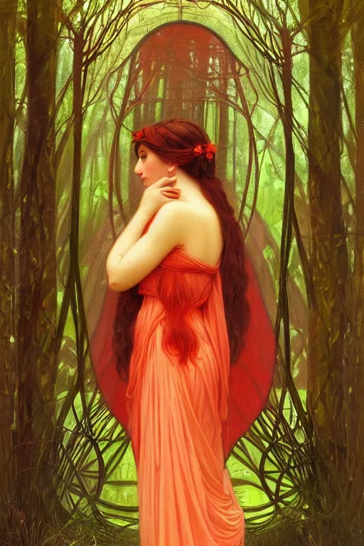 Prompt: portrait of a realistic ethereal woman with big eyes and a glowing face, wearing a red dress in the forest at night, in the style of john william godward and alphonse mucha, intricate details, colorful, high detail, 8 k, art nouveau, face symmetry, masterpiece, sharp focus