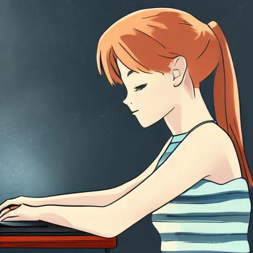Image similar to a beautiful side view portrait of lofi girl sitting on her desktop writing something, digital art, anime, studio ghibli style