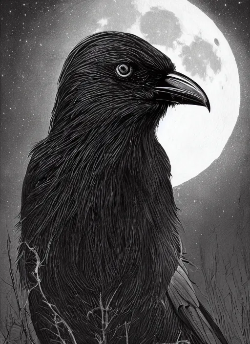 Image similar to portrait, A crow in front of the full big moon, book cover, red white and black colors, establishing shot, extremly high detail, foto realistic, cinematic lighting, pen and ink, intricate line drawings, by Yoshitaka Amano, Ruan Jia, Kentaro Miura, Artgerm, post processed, concept art, artstation, matte painting, style by eddie mendoza, raphael lacoste, alex ross