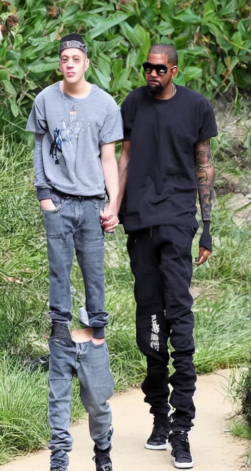 Image similar to pete davidson and kanye west holding hands at a sunset zoo park