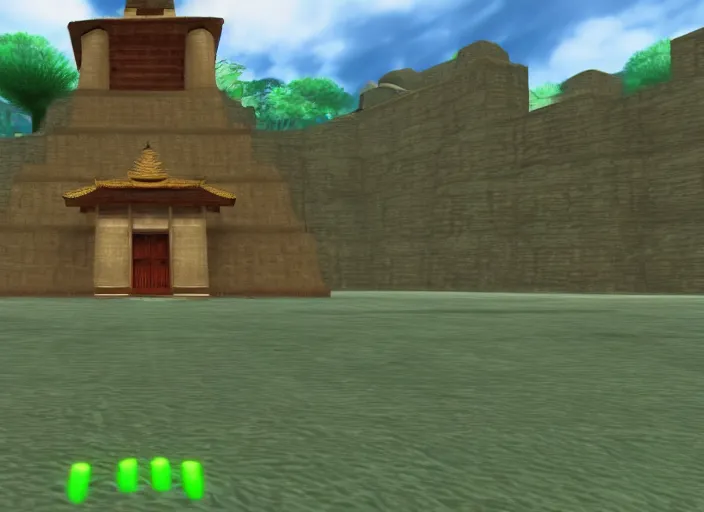 Image similar to a lonely temple next to an ancient city. screenshot of ocarina of time. nintendo 6 4 ( 1 9 9 6 )