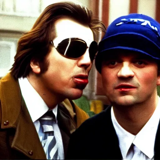 Prompt: portrait of alexandr zembatov and mikhail alontsev in gangsta comedy of 1990s, movie shot
