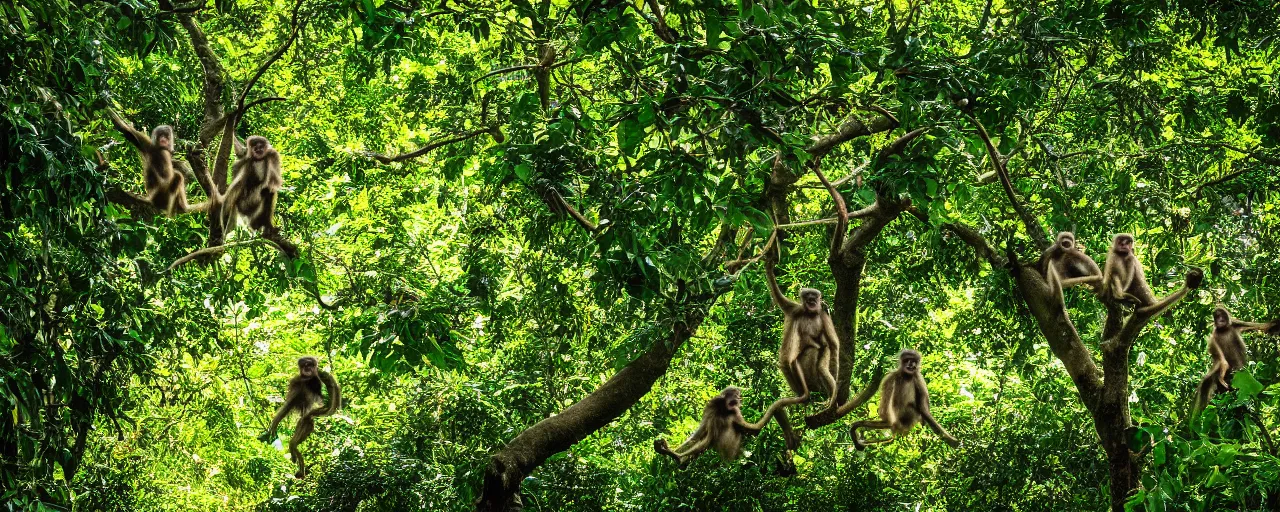 Prompt: a family of monkeys swing through the trees in a beautiful jungle landscape bordered by vines, backlit