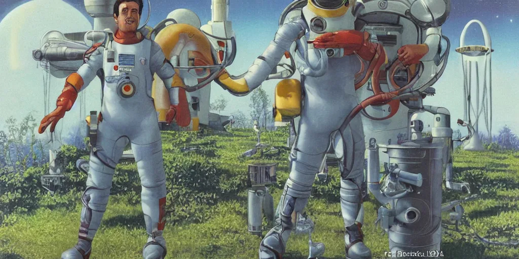 Image similar to a portrait of stallone in spacesuit on field forrest spaceship station landing laying lake artillery outer worlds in FANTASTIC PLANET La planète sauvage animation by René Laloux