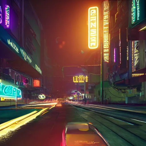 Image similar to a 3 d rendered in unreal engine guatemalan cyberpunk city with neon ads and signs with evocative dramatic mood with blade runner vibe with cars with motion blur with depth of field with bloom with lightshaft with volumetric lights, fog, by scott robertson, oscar winning graphics, photo realistic, bloom, imax, dynamic lighting, artstation,