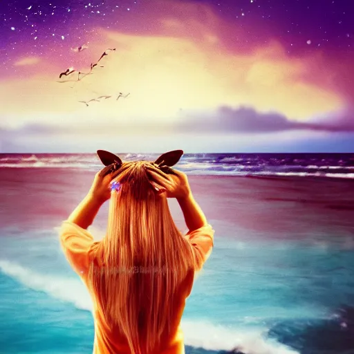 Image similar to a beautiful woman with with fox ears standing in the ocean, digital art, acrylic, long shot, detailed, glows, moonlight, bokeh, depth of field, colorful,