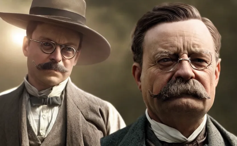 Image similar to Tobey Maguire as Theodore Roosevelt in 'Roosevelt' (2017), movie still frame, oscar nominated cinematography, volumetric lighting, 8k resolution.