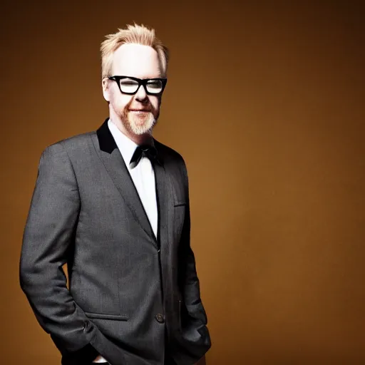 Prompt: adam savage in a fancy suit by a upscale party photoshoot