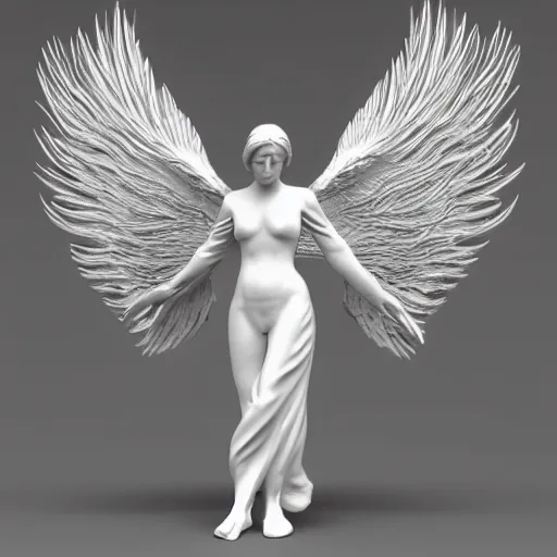 Image similar to 3 d model, high definition, biblically acurate angel, highly detailed, white, feathers, red, heavenly, dynamic lighting, realistic.