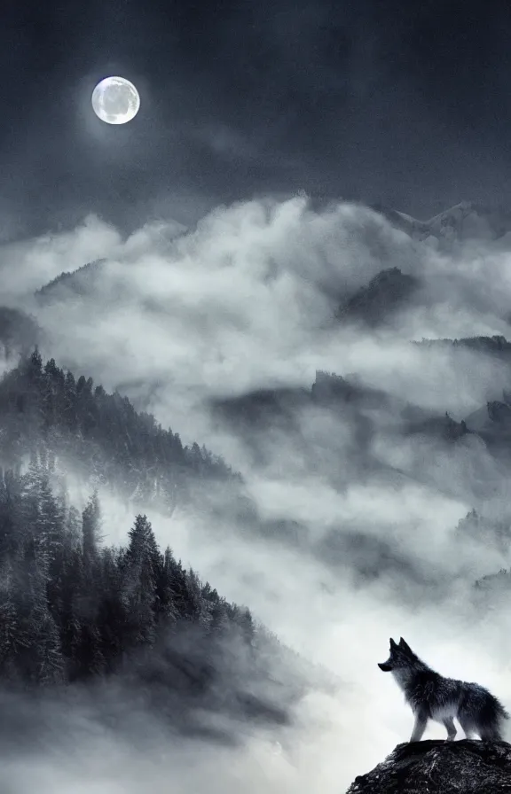 Image similar to a photograph of a wolf at full moon in a mountainous environment, full moon with fog and clouds, concept art, epic lighting, cinematographic