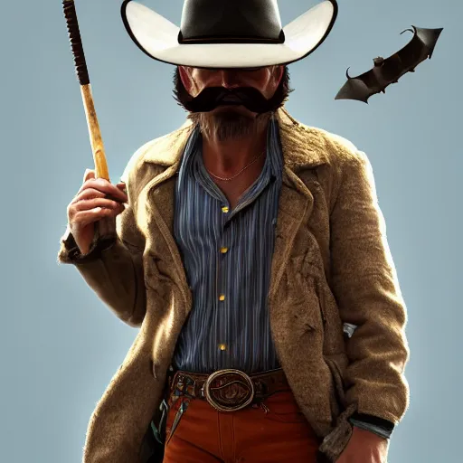 Prompt: Photorealistic cowboy with an animal bat as his moustache. Hyperdetailed photorealism, 108 megapixels, amazing depth, glowing rich colors, powerful imagery, psychedelic Overtones, 3D finalrender, 3d shading, cinematic lighting, artstation concept art