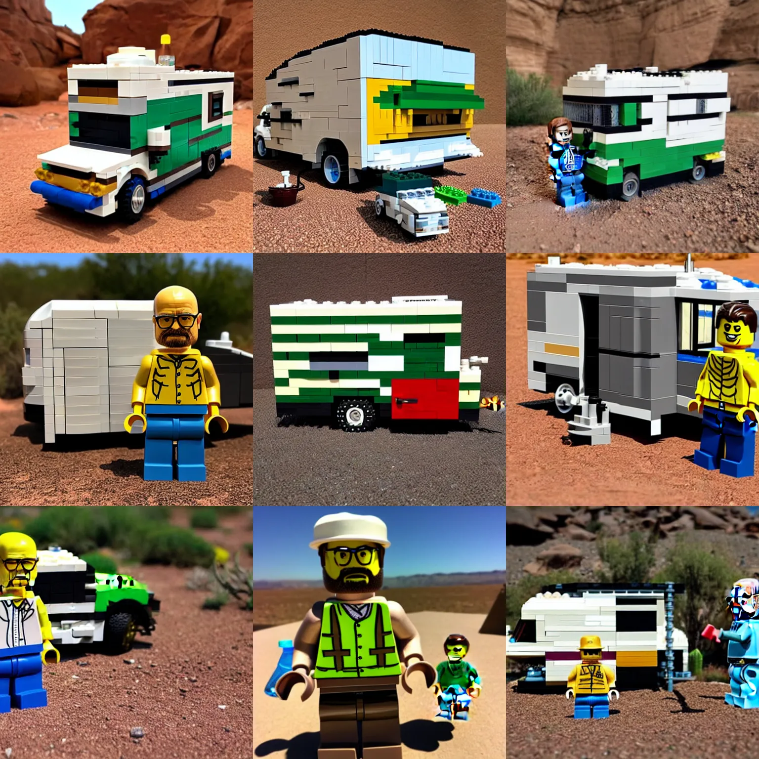 Prompt: realistic lego set of walter white from breaking bad with his rv in arizona desert