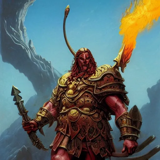 Image similar to head and shoulders portrait of a paladin fire giant, wreathed in flame, d & d, fantasy, greg rutkowski, frank frazetta, alexandre chaudret, boris vallejo, michael whelan, miro petrov, hr giger, magali villeneuve, donato giancola