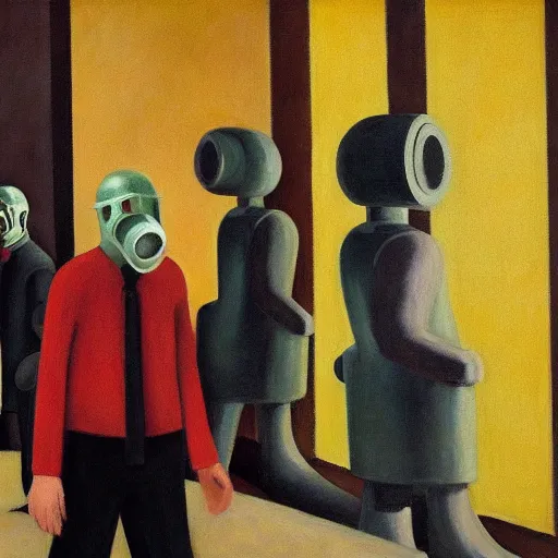 Image similar to drab workers wearing gas masks walking along cloisters, watched by fascist robots, brutalist courtyard, dystopian, pj crook, edward hopper, oil on canvas