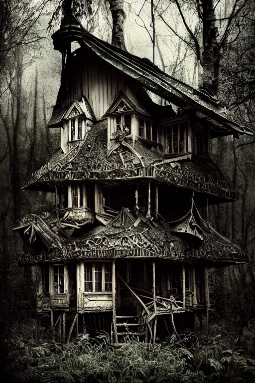 Image similar to a wet plate photograph of a ramshackle multistory fairytale hut in the forest, intricate, elegant, fantasy, highly detailed, overcast lighting, sharp focus