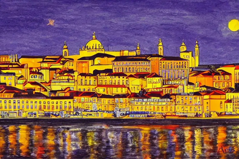 Image similar to lisbon city at night, art in the style of adriana molder