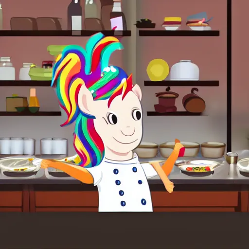 Prompt: A unicorn working as a chef, Animated Still