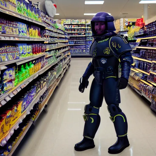 Prompt: a man wearing futuristic space marine armor walks into a grocery store, photography, movie still, dslr 5 5 mm, 4 k