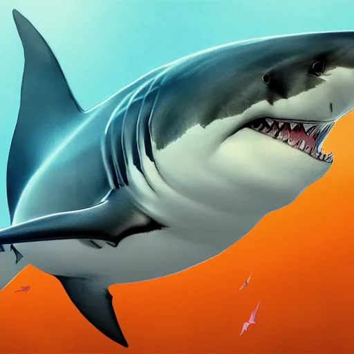 Image similar to great white shark with orange and white striped traffic cones instead of teeth, underwater background detailed atmospheric - ron cheng & alphonse mucha, highly detailed, digital painting, ray tracing, concept art, illustration, smooth sharp focus, intricate, symmetry, artstation,