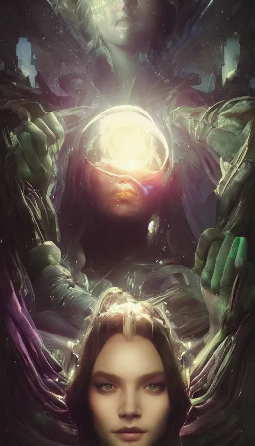 Image similar to epic masterpiece sweet dreams, virtual reality, cyberpunk, hyperrealistic, octane render, cinematic, night, moon, beautiful face and flawless skin, perfect hands, 5 fingers, emerald by Edgar Maxence and Ross Tran and Michael Whelan, Lorenzo Sperlonga Legends of Runeterra