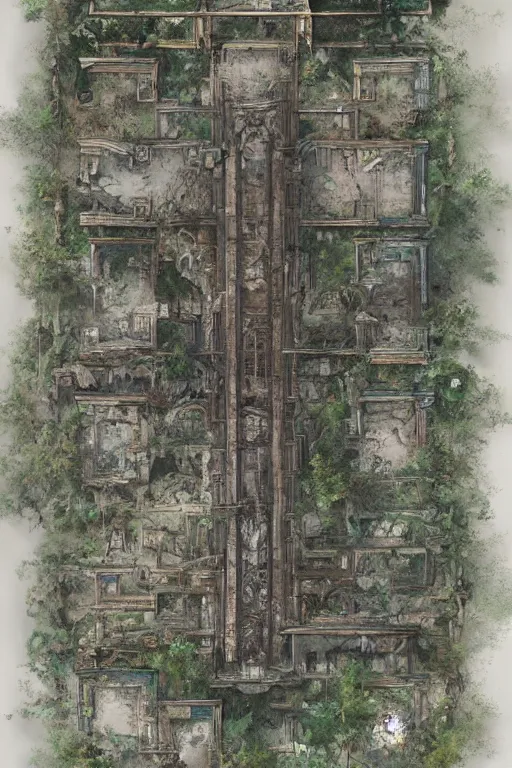 Image similar to full - color fantasy floor plan map of a ruined temple, by greg rutkowski and james gurney, trending on artstation