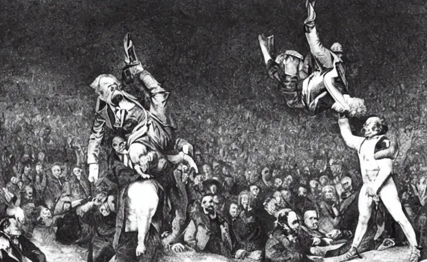 Prompt: Karl Marx as WWE wrestler suplexing Friedrich Nietsche on a WWE ring and the crowd goes crazy, sports photo, highly detailed