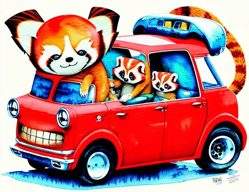 Image similar to cute and funny, red panda riding in a tiny hot rod with oversized engine, ratfink style by ed roth, centered award winning watercolor pen illustration, isometric illustration by chihiro iwasaki, edited by range murata, tiny details by artgerm and watercolor girl, symmetrically isometrically centered