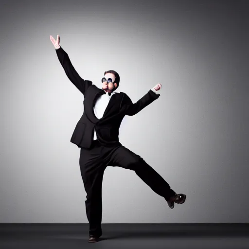 Prompt: invisible man, business suit breakdancing, full body shot, black background, photoreal