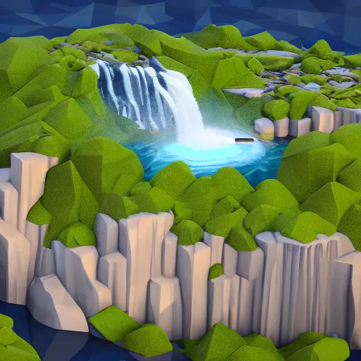 Image similar to manhattan on a floating island with a waterfall in the sky, low poly art, isometric art, 3d render, ray tracing, high detail, artstation, concept art, behance, smooth, sharp focus, ethereal lighting