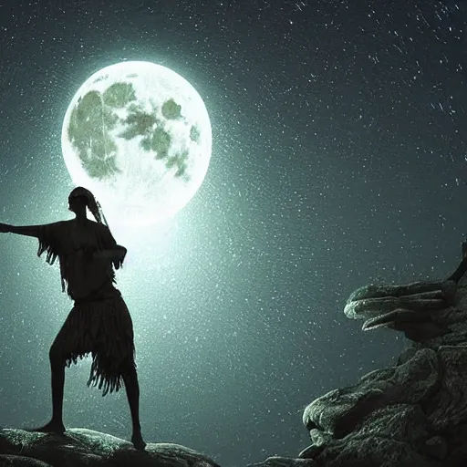 Prompt: a shaman dancing with light, highly detailed moon fills the background, by Christope Vacher