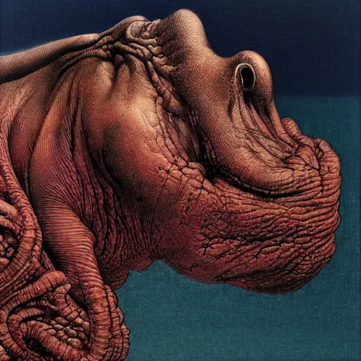 Image similar to a side view of hippopotamus, highly detailed, art by ayami kojima, beksinski, giger