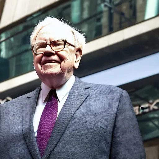Image similar to warren buffet in thanos body standing outside wall street stock exchange, reality, realistic, detailed, 8 k, award winning, wide shot,