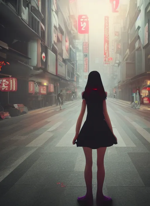 Image similar to demonic girl without head standing in the middle of the crowded tokyo street, photorealistic, canon r 3, symmetry, octane render, unreal engine, dramatic lights