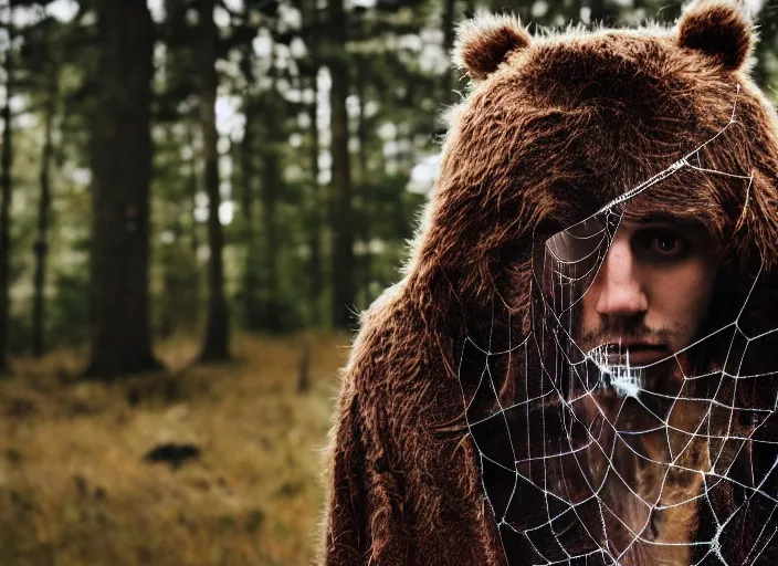 Prompt: character and environment photography, portrait shamanistic infested anthropomorphic 2 0 - year - old male druid, bear hair, tattered spiderweb robe, reflective eyes, infested bear standing, medium shot, wide angle, 2 0 0 px, low key
