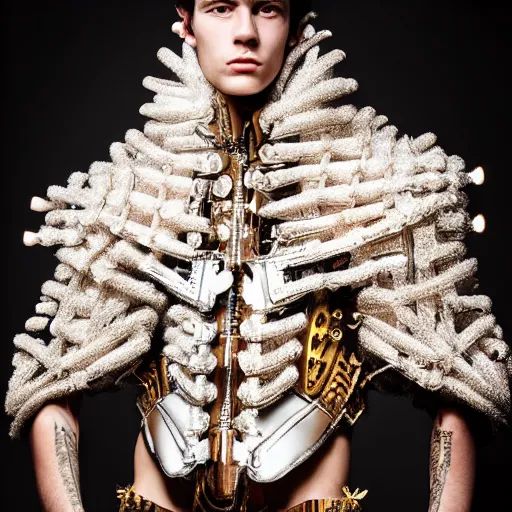 Prompt: a portrait of a beautiful young male wearing an alexander mcqueen armor made of circuits, photographed by andrew thomas huang, artistic